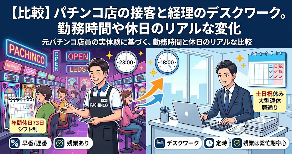 【比較】パチンコ店の接客と経理のデスクワーク。勤務時間や休日のリアルな変化